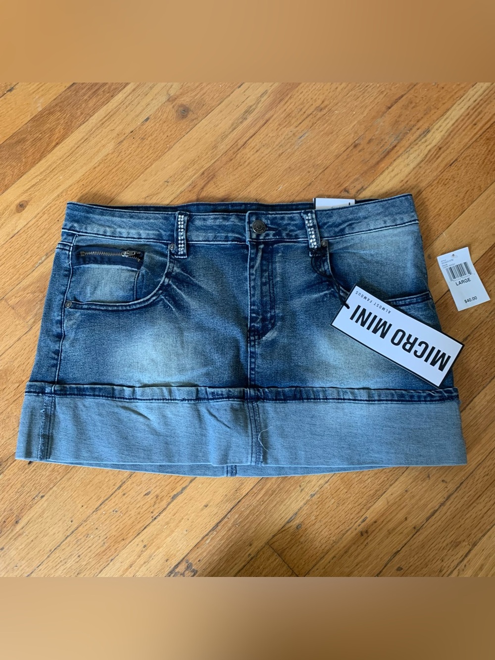 Almost Famous dark wash denim micro mini skirt with rhinestone belt loops L